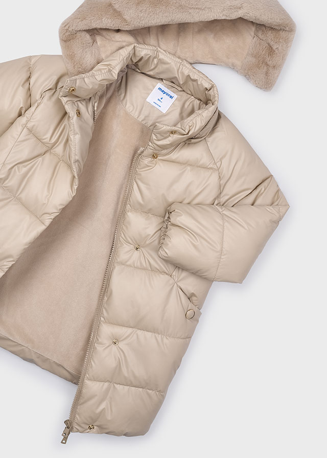 Lange gewatteerde kinderjas met afneembare faux fur capuchon