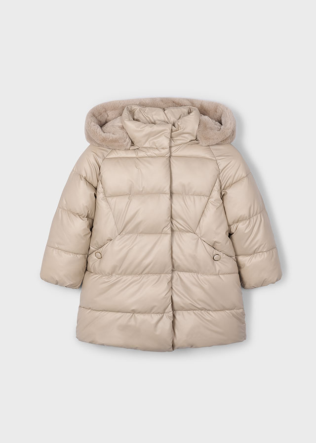 Lange gewatteerde kinderjas met afneembare faux fur capuchon