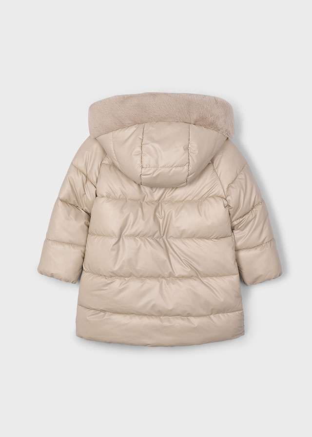 Lange gewatteerde kinderjas met afneembare faux fur capuchon