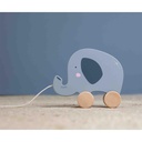 Eléphant en bois tirant une figurine