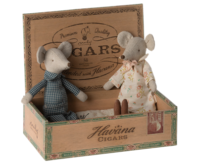 Grandma and grandpa mice in cigar box