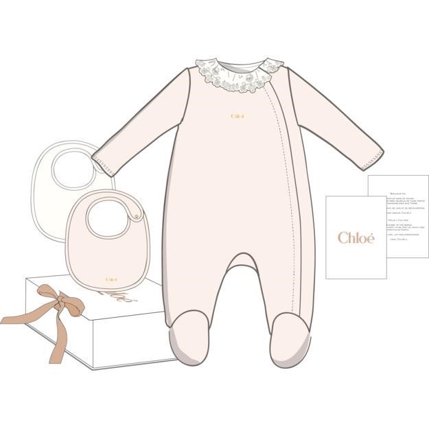 Ensemble cadeau - pyjama et 2 bavoirs en coton biologique avec col fleuri