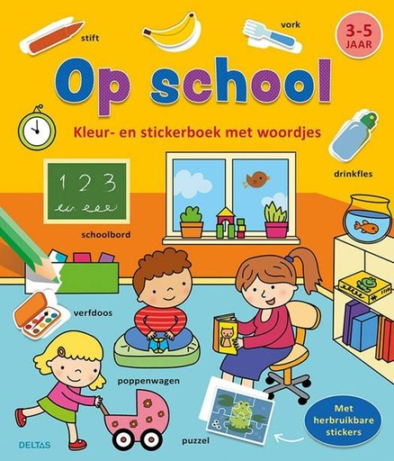 Kleur- en stickerboek met woordjes - Op school