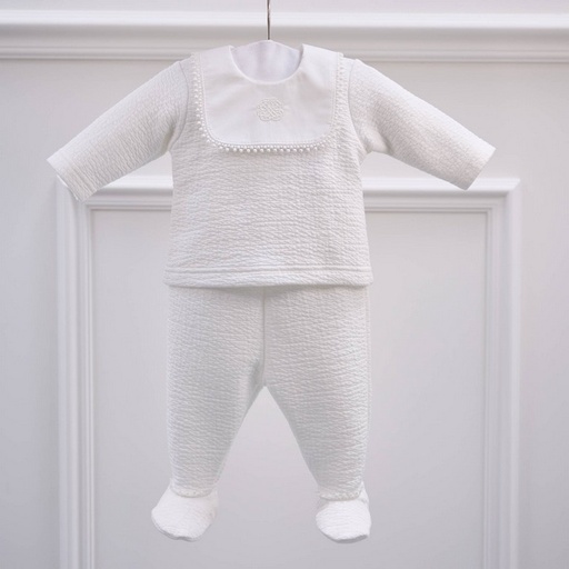Ensemble composé d'un chemisier avec cravate et d'un pantalon ivoire