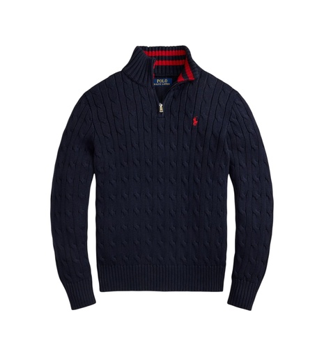 Trui kabel gebreide katoen met kwartrits (8j-18j) Rl Navy/c3807 