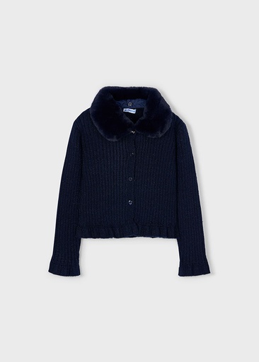 Cardigan met afneembare imitatiebontkraag navy 
