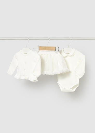 3-delige set met skort, cardigan en body natural 