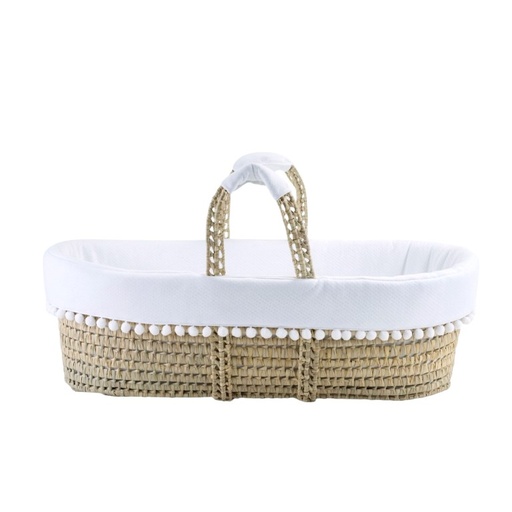Wicker cradle + decoration pompon white 