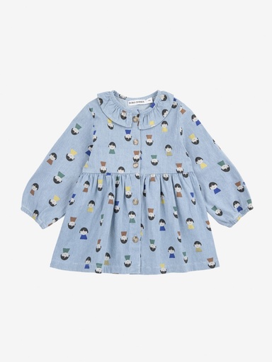 Denim jurk  game pawns all over light blue 