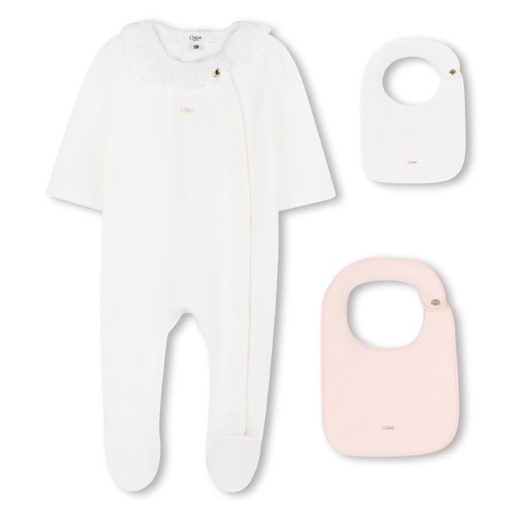 Cadeauset – pyjama & 2 slabbetjes van biokatoen met bloemenkraag Wit 
