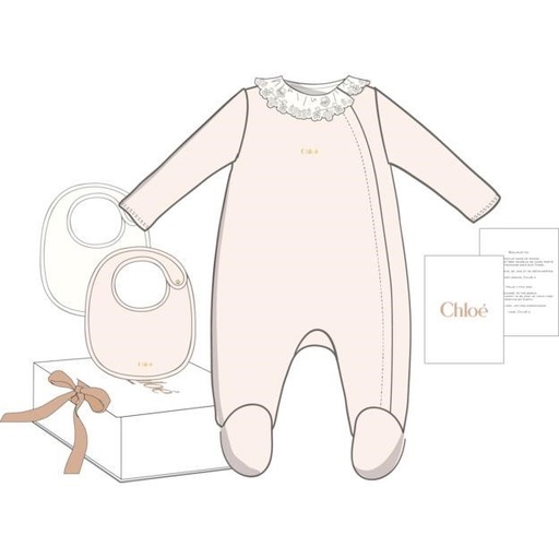 Ensemble cadeau - pyjama et 2 bavoirs en coton biologique avec col fleuri Roze 