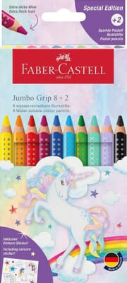Jumbo colouring pencils with grip - 8 standard colours, 2 pastel sparkle colours and a unicorn sticker sheet   - 8 standaardkleuren, 2 pastel sparkle kleuren en een unicorn‑stickervel