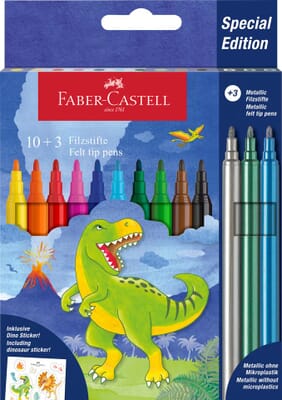 Fibrepens - 10 standard colours + 3 metallic fibrepens and dino sticker sheet    en dino‑stickervel