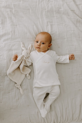 Set nouveau-né i love you (tweedelig kruippakje, muts, krabwantjes, slab) ecru 0-1