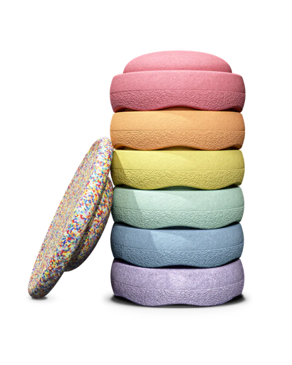 Stapelstenen 6 stuks + balanceerbord pastel rainbow 